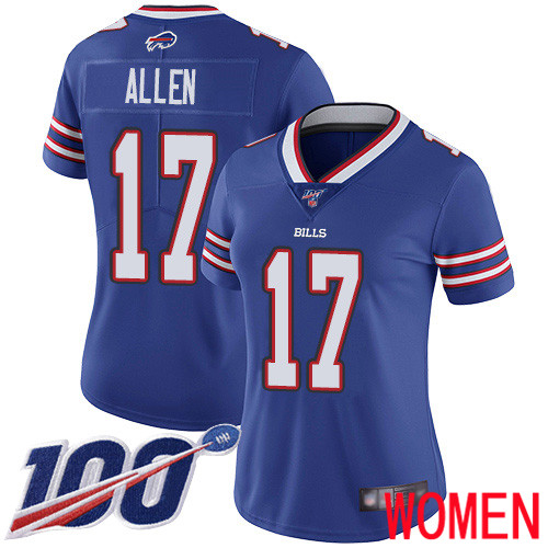 Women Buffalo Bills #17 Josh Allen Royal Blue Team Color Vapor Untouchable Limited Player 100th Season NFL Jersey